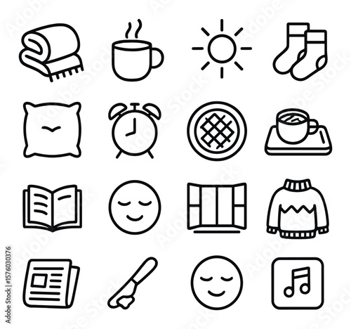 Cozy Waffle Morning line art icons. warm blanket, steaming mug, sunlight icon, cozy socks, fluffy pillow, slow morning icon, waffle plate, breakfast tray, morning book, relaxed