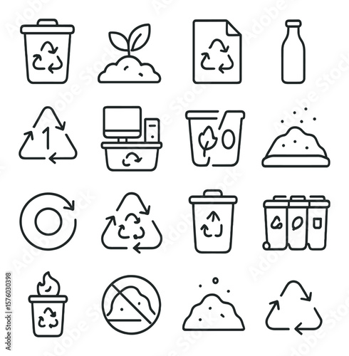 Recycling & Waste Sorting line art icons. recycle bin, compost icon, paper recycling, glass sorting, plastic code, electronics bin, trash separation, landfill icon, upcycle arrow,