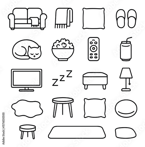 Lazy Couch Time line art icons. sofa, throw blanket, cushion, slippers on floor, sleeping pet, popcorn bowl, remote control, drink can, book on armrest, TV screen, nap symbol,