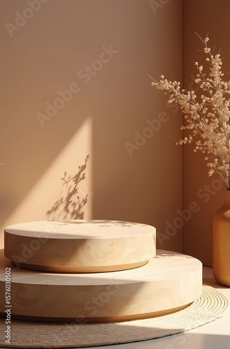 Serene wooden podium bathed in sunlight minimalist aesthetic perfect for product display