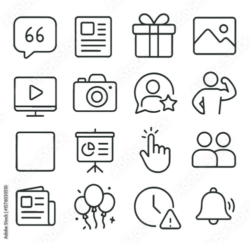 Content Categories line art icons. quote box, blog post, product feature, lifeicons. snap, tutorial icon, behind-the-scenes camera, customer review, challenge icon, meme frame,