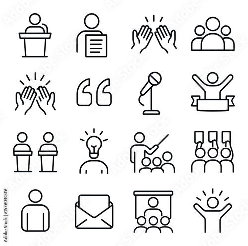 Public speaking applause line art icons. podium icon, speech notes, clapping section, audience heads, applause bar, quote mark, microphone stand, success banner, debate icon,