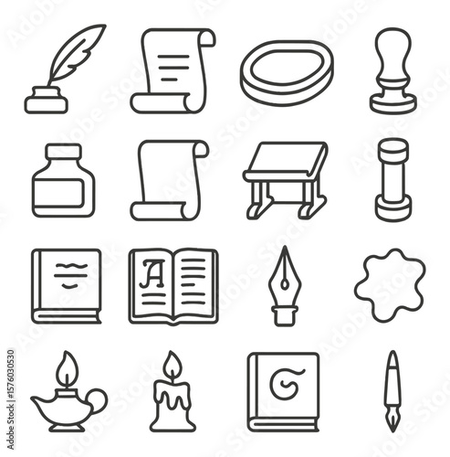 Traditional Calligraphy Items line art icons. quill pen, parchment scroll, ink stone, wax seal stamp, vintage ink bottle, vellum paper, scribe’s desk, scroll weight, script book,