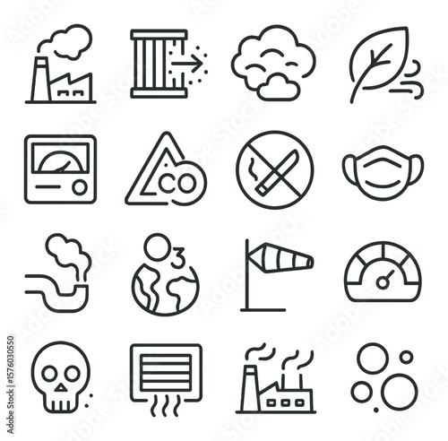 Air Quality & Pollution line art icons. factory smoke, air filter, smog cloud, clean air leaf, air monitor, carbon alert, no smoking sign, mask icon, exhaust pipe, ozone layer,