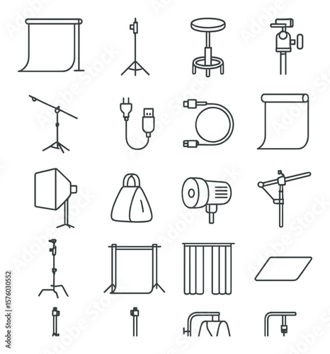 Studio Setup line art icons. backdrop roll, light stand, posing stool, tripod mount, boom arm, power cable, tether cable, seamless paper, softbox light, sandbag, studio light icon,