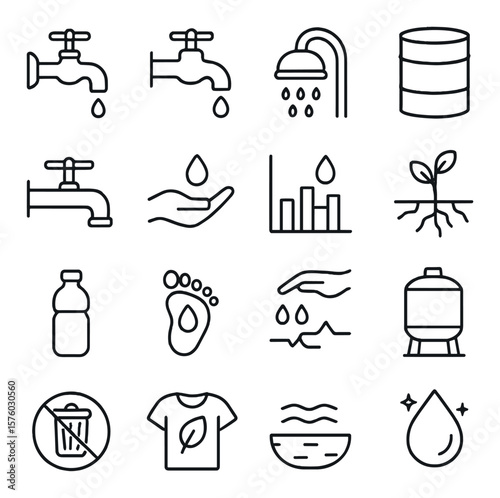 Water Conservation Awareness line art icons. leaking faucet, dripping tap, water-saving showerhead, rainwater barrel, closed tap icon, hand with drop, water use chart, drought