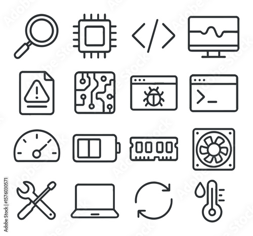 Tech diagnostics line art icons. magnifying glass, microchip icon, code block, screen glitch, error log, circuit board, debug window, command line, performance meter, battery level