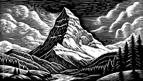 Matterhorn, the sharp triangular peak of the Swiss Alps, depicted in black and white line art illustration, ideal for alpine tourism, postcards, and European natural landscape visuals