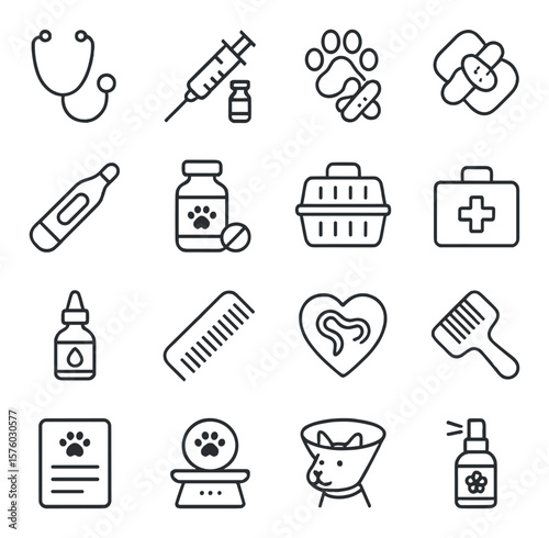 Pet Health & Vet Care line art icons. stethoscope, vaccination icon, health chart, paw bandage, pet thermometer, pill bottle, vet carrier, first aid box, eye drops, flea comb,