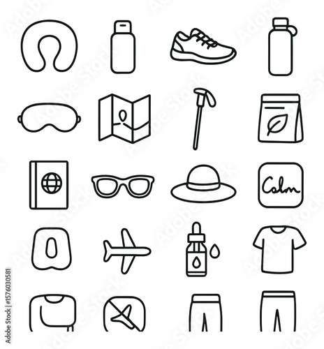 Wellness Travel Kit line art icons. neck pillow, travel bottle, walking shoes, reusable water bottle, sleep mask, map icon, hiking stick, snack pack, travel journal, sunglasses,
