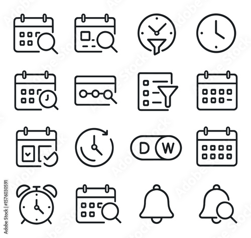 Search by Date & Time line art icons. calendar search, date range picker, time filter, clock icon, schedule search, timeline icon, agenda filter, date picker input, appointment