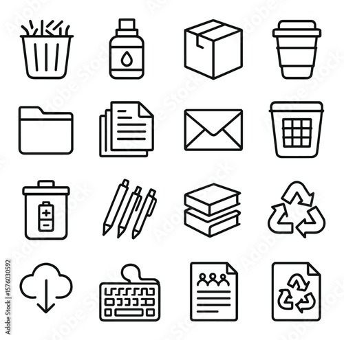 Office recycling line art icons. shredded paper, printer ink, cardboard box, coffee cup, file folder, old documents, envelope icon, office bin, battery box, used pens, reusable