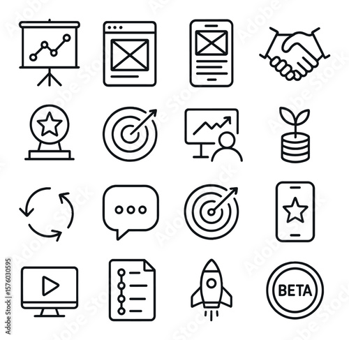 Tech startup development line art icons. pitch deck, wireframe sketch, prototype icon, co-founder handshake, MVP icon, market fit, investor chart, seed funding, pivot arrows, user
