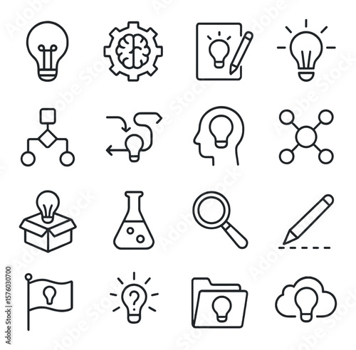 Innovation & Ideas line art icons. lightbulb, gear with brain, idea sketch, innovation spark, problem-solution chart, creative flow, inspiration icon, mind map, prototype box, test