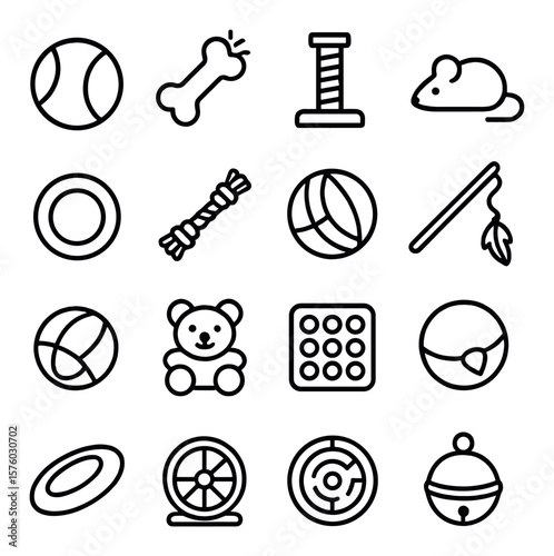 Pet Toys & Fun line art icons. tennis ball, squeaky toy, climbing post, toy mouse, chew ring, rope tug, jingle ball, cat wand, rolling toy, plush animal, puzzle feeder, treat ball,