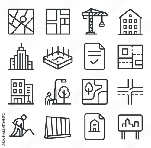 Urban Development line art icons. city map, street grid, urban crane, apartment icon, skyscraper, site zone, construction permit, zoning icon, mixed-use building, streetlight