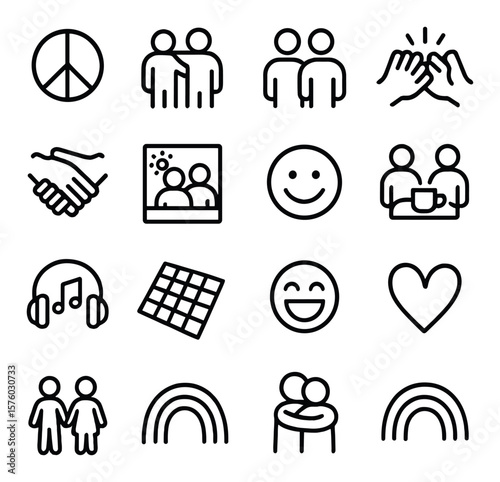 Platonic love line art icons. peace sign, arm around shoulder, group icon, shared hobby, team spirit, mutual support, memory photo, smiley badge, bonding time, shared music, picnic