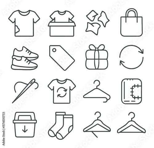 Textile recycling line art icons. worn t-shirt, clothing donation box, fabric scraps, textile bag, shoes icon, clothing tag, clothing bundle, secondhand symbol, sewing icon,