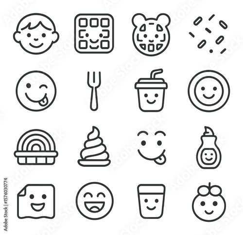 Kids & Waffles line art icons. smiling child, cartoon waffle, animal-shaped waffle, colored sprinkles, playful face, tiny fork, kiddie cup, happy plate, rainbow waffle, whipped