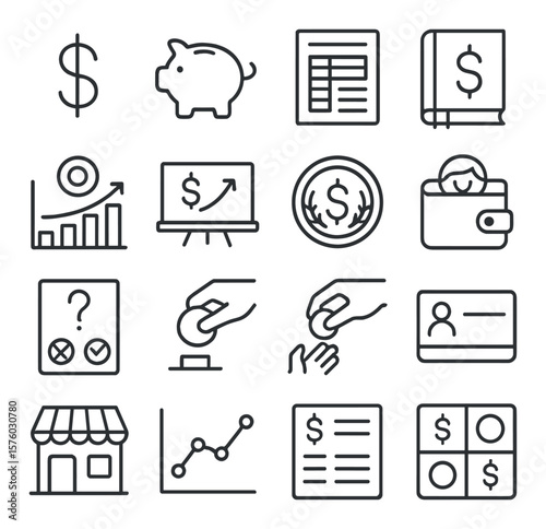 Money Education line art icons. dollar sign, piggy bank, budget worksheet, finance textbook, savings goal chart, classroom board, educational coin, kid’s wallet, quiz page, learn