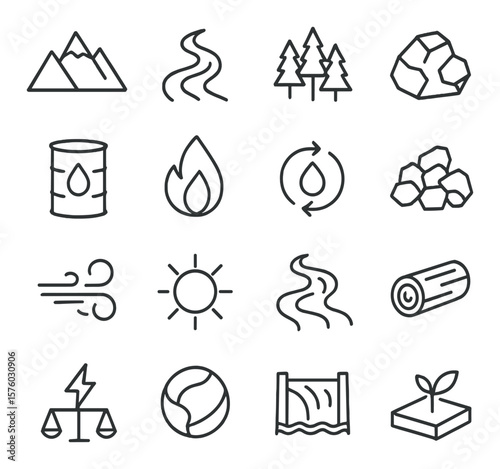 Natural Resources line art icons. mountain icon, river flow, forest area, mineral rock, oil barrel, natural gas, renewable icon, coal icon, wind icon, solar flare, water stream,