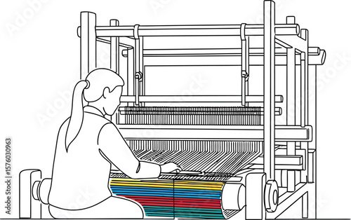 Woman Weaving Colorful Textile Fabric on Handloom - Line Art Vector Illustration