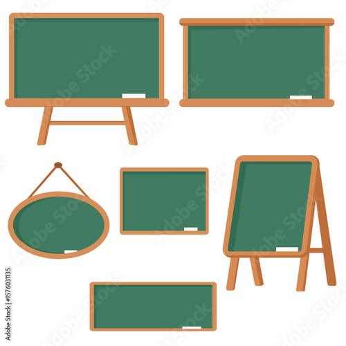 Set of green chalkboards with wooden frames in various shapes and styles, perfect for education, decoration, and presentation design projects.