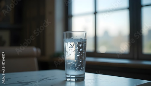 Glass of water on a white table
