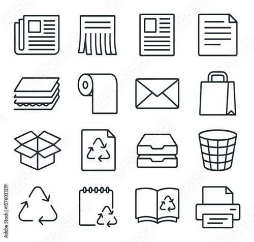 Paper recycling line art icons. newspaper stack, shredded paper, magazine page, office document, cardboard sheet, paper towel roll, mail envelope, paper bag, flattened box, recycle