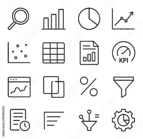 Data analysis line art icons. magnifying glass, bar chart, pie chart, trend line, scatter plot, spreadsheet grid, report file, KPI icon, metric tracker, dashboard window, compare