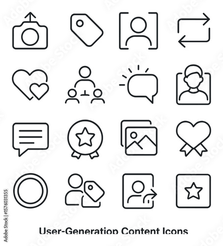 User-Generated Content line art icons. camera upload, tag icon, user frame, repost arrows, fan heart, community share, shoutout bubble, customer selfie, comment screenshot, review