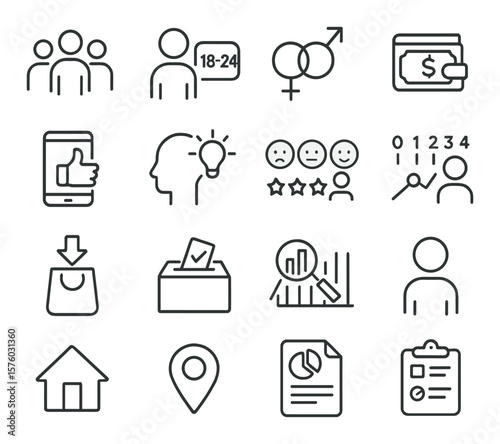 Market research survey line art icons. demographic icon, age group, gender option, income level, product feedback, brand awareness, satisfaction scale, net promoter score, purchase