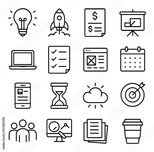 Startup Essentials line art icons. lightbulb idea, rocket launch, business plan, pitch deck, laptop, checklist, wireframe icon, calendar, mobile screen, hourglass, brainstorming