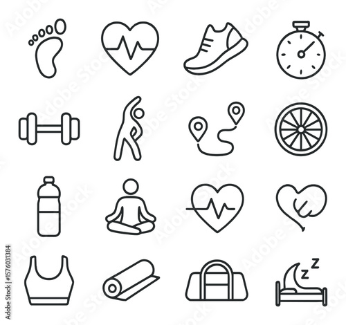 Fitness Tracker Set line art icons. step counter, heart rate, running shoe, stopwatch, dumbbell, stretching icon, walking path, distance meter, hydration tracker, yoga pose, pulse