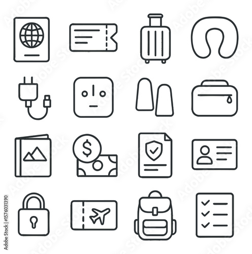 Travel Essentials line art icons. passport, boarding pass, luggage, travel pillow, phone charger, adapter, earplugs, toiletry bag, guidebook, currency, travel insurance icon, ID