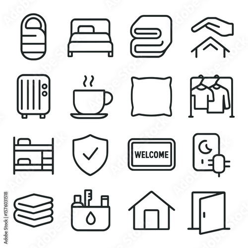 Shelter Aid line art icons. sleeping bag, bed icon, blanket, roof hand, heater, hot drink, pillow, clothes rack, shared room, safety shield, welcome mat, nightlight, towel bundle,