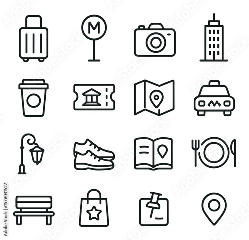 City Holiday line art icons. suitcase, metro sign, camera, skyscraper, coffee cup, museum ticket, city map, taxi icon, street lamp, walking shoes, travel guide, local food, bench,