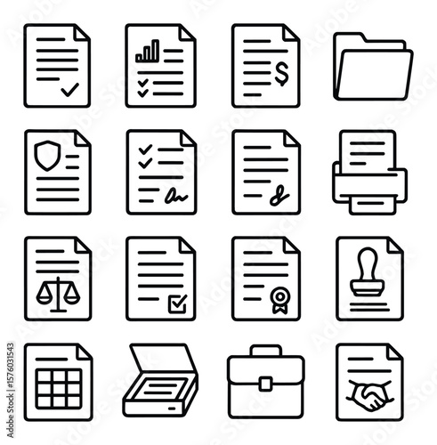 Business Documents line art icons. contract sheet, report icon, invoice, file folder, NDA document, checklist page, digital signature, printout, legal document, terms icon,