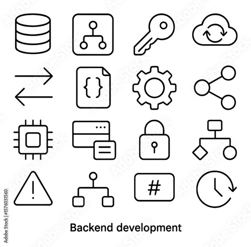 Backend development line art icons. database server, API endpoint, authentication key, cloud sync, request/response arrows, JSON icon, middleware gear, data flow, cache icon,