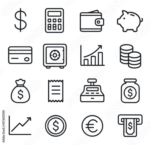 Financial Tools line art icons. dollar sign, calculator, wallet, piggy bank, bank card, safe box, bar chart, coin stack, money bag, receipt, cash register, savings jar, investment