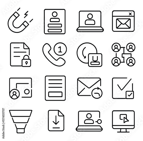 Lead generation line art icons. magnet icon, contact form, webinar icon, email popup, gated content, call icon, lead score, CRM icon, social ad, signup form, follow-up icon,