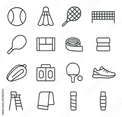 Racquet Sports line art icons. tennis ball, badminton shuttlecock, squash racket, tennis net, paddle, court lines, grip tape, wristband, racquet bag, match point board, table