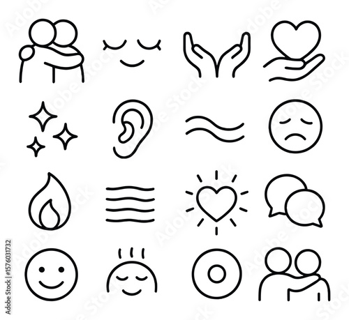 Emotional Giving line art icons. hug icon, smiling eyes, support hands, comforting heart, gratitude sparkles, listening ear, empathy wave, shared tear, kindness flame, warmth lines