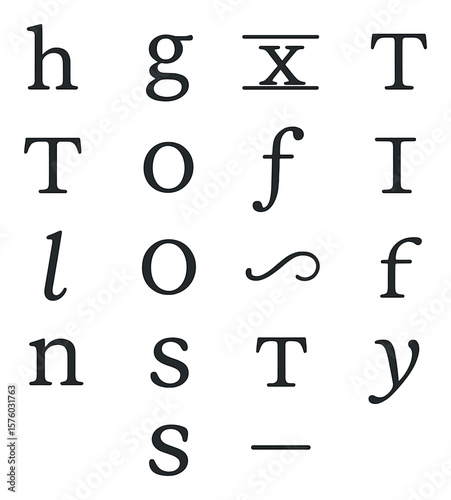 Calligraphy Typography Terms line art icons. ascender, descender, x-height, baseline, serif, counter, ligature, stem, loop, bowl, swash, terminal, shoulder, spine, crossbar, tail.