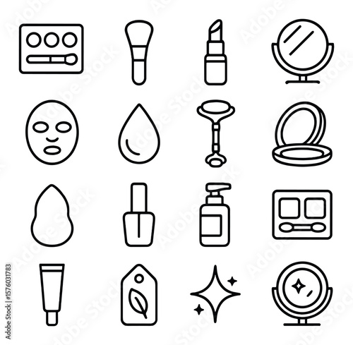 Beauty & Skincare Influencer line art icons. makeup palette, brush icon, lipstick, mirror icon, face mask, skincare drop, facial roller, compact powder, beauty sponge, nail polish,