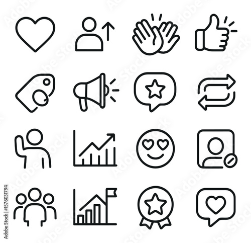 Social media applause line art icons. heart emoji, followers rise, clapping gif, like storm, tagged post, shoutout badge, star comment, repost icon, influencer wave, trending icon,