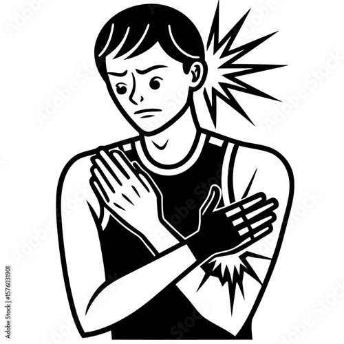 Hand Touching Inflamed Skin on Arm – Black and White 2D Close-Up Animation

