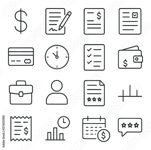 Freelance Income line art icons. dollar sign, contract document, invoice icon, proposal sheet, payment method, deadline clock, task checklist, digital wallet, gig icon, client icon