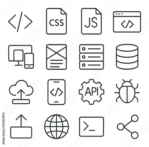 Web development line art icons. HTML tag, CSS file, JavaScript icon, code editor, responsive layout, wireframe icon, server rack, database symbol, cloud hosting, mobile preview,