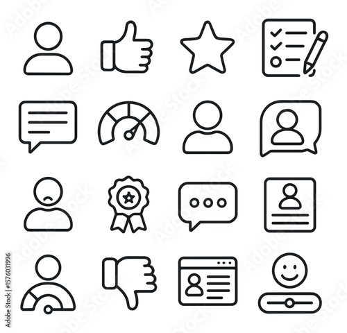 Customer & Feedback line art icons. customer profile, thumbs up icon, review star, survey form, comment card, NPS gauge, user avatar, feedback bubble, complaint icon, loyalty badge